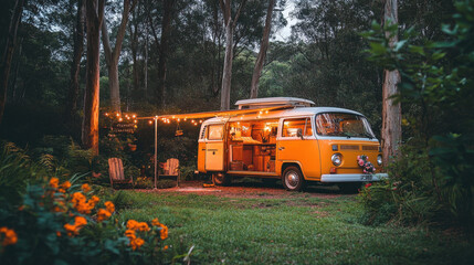 Stargazing Under a Clear Sky. A vintage yellow camper van is illuminated at night, surrounded by lush greenery and vibrant flowers, creating a cozy and inviting atmosphere.