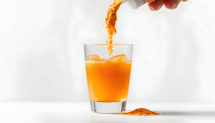 Powdered orange drink mix being poured into a clear glass of water isolated with white highlights, png