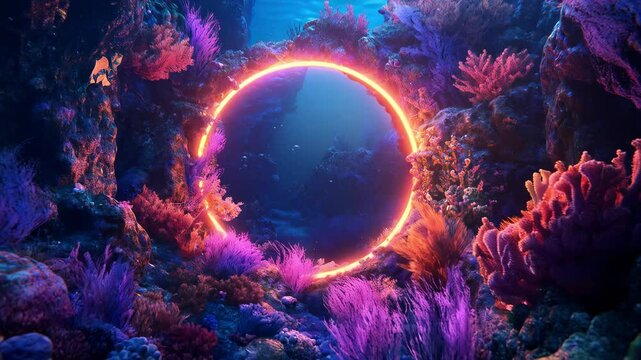 Underwater scene featuring a vibrant neon circle emitting a soft glow, surrounded by colorful coral reefs, illuminating the ocean floor. Copy space.