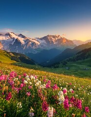 Fototapeta premium Picturesque Alpine landscape at sunrise. The sky glows in warm pastel colors as the snow-covered peaks shine in the soft morning light. In the foreground, colorful wildflowers bloom on a green meadow.