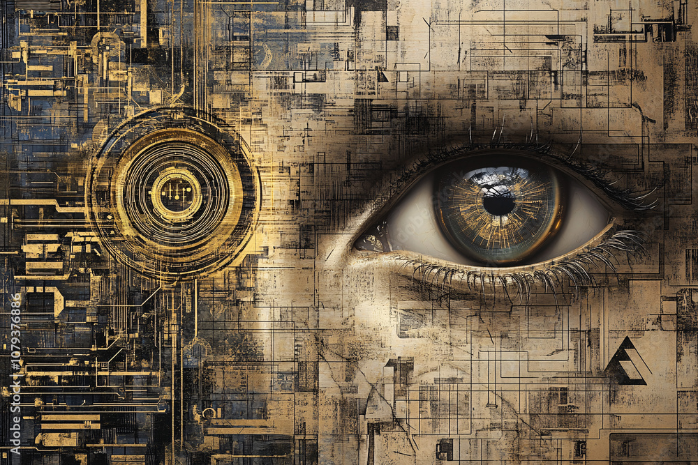 Poster a close-up of a human eye with digital circuitry and mechanical details creating a futuristic and te