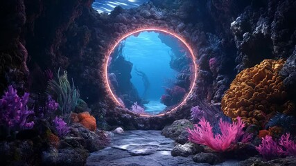 Underwater scene featuring a vibrant neon circle emitting a soft glow, surrounded by colorful coral reefs, illuminating the ocean floor. Copy space.