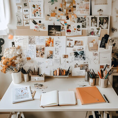A cozy creative workspace featuring a desk adorned with stationery, floral arrangements, and inspiration boards in a sunlit room