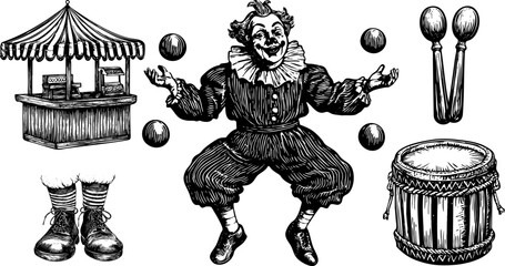 Vintage circus illustration with clown and drum. Engraved vector sketch featuring a juggling man.
