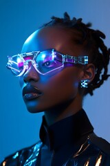 A model wearing futuristic technology accessories