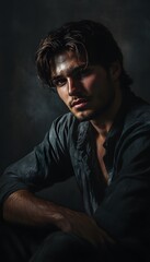Fototapeta premium A portrait of a man with a deep thoughtful look sitting