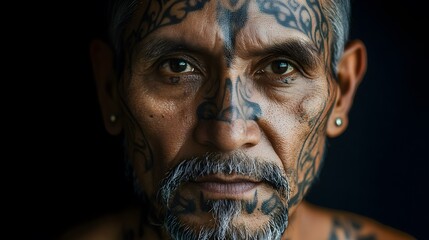 Obraz premium A portrait of a man with a distinctive tattoo on his face
