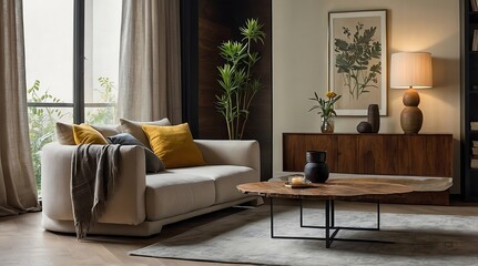 Japandi living room features a cream sofa with cushions, wooden coffee table, sideboard with decor, large window, botanical print, and leafy plant.