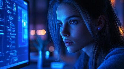 A female analyst studies AI threats at a computer, with blue lights creating a tech ambiance in her dark office environment.