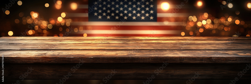 Poster A rustic wooden table stands prominently in front of a softly blurred American flag adorned with warm bokeh lights, creating a festive atmosphere