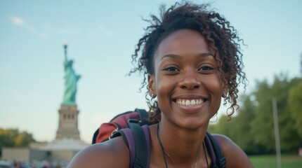 Exploring NYC: A Tourist Captures Selfies with the Statue of Liberty, Celebrating the Spirit of America and the Excitement of New York.

