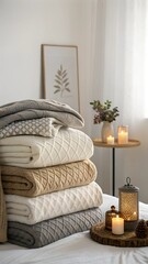 Cozy stacked blankets with candles in warm winter decor