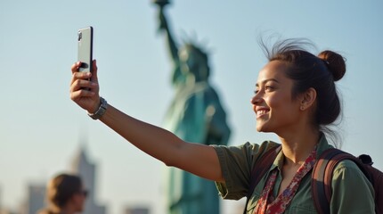 Exploring NYC: A Tourist Captures Selfies with the Statue of Liberty, Celebrating the Spirit of America and the Excitement of New York.

