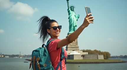 Exploring NYC: A Tourist Captures Selfies with the Statue of Liberty, Celebrating the Spirit of America and the Excitement of New York.

