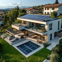 Smart home management homes with solar panels. AI. Remote control and home new luxury management.