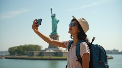 Exploring NYC: A Tourist Captures Selfies with the Statue of Liberty, Celebrating the Spirit of America and the Excitement of New York.

