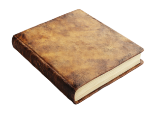 transparent background Closed vintage brown leather-bound book with worn cover and aged pages. Antique and historical themes.