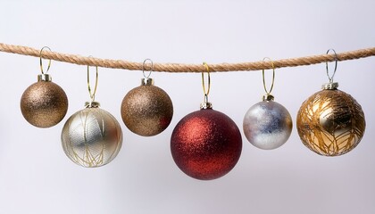 Christmas balls hanging at a rope over white