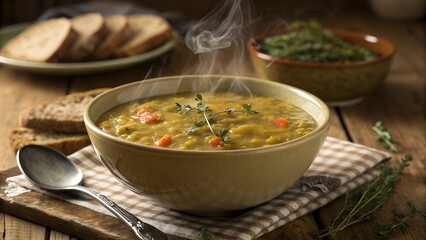Steaming split pea soup in a bowl with herbs
