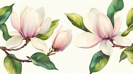Hand painted watercolor botanical leaves pattern featuring a seamless tropical design ideal for interior and textile applications showcasing magnolia flowers. Botanical. Illustration