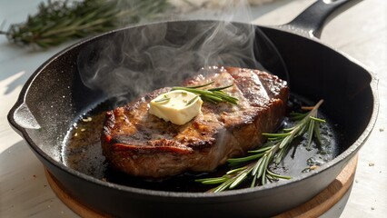 Hot steak in cast iron skillet with melting butter