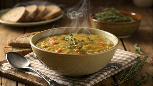 Steaming split pea soup in a bowl with herbs
