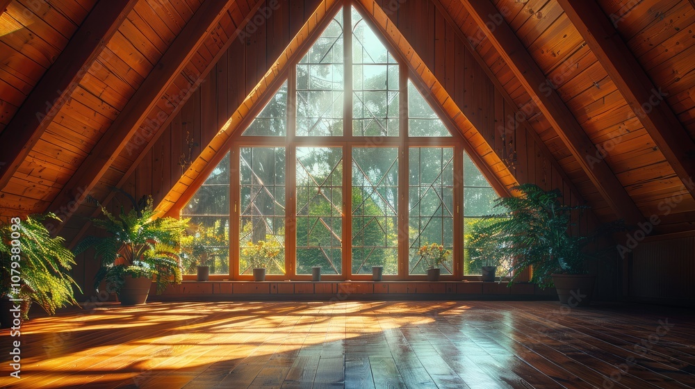 Poster sunlight streams through a large triangular window in a wood-paneled attic space with potted plants.