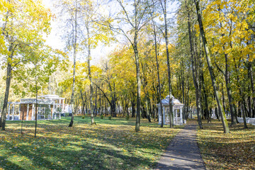 A park with a path and a gazebo