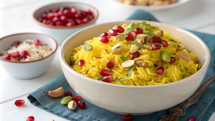 Saffron rice with pomegranate seeds and almonds