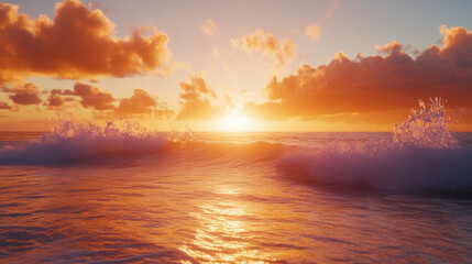 Obraz premium Waves crashing against the shore under a vibrant sunset, casting a golden glow over the water