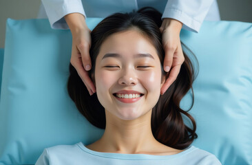 Fototapeta premium Young woman receiving professional facial massage at spa. Relaxed client smiling during skincare treatment on blue bed. Natural beauty and wellness concept. Professional beauty care services.