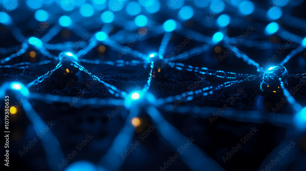 Poster a detailed view showcases a glowing network of nodes connected by lines, representing digital connec
