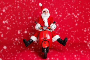 Full length photo of retired grandfather white beard crazy ride retro scooter wind blow face...