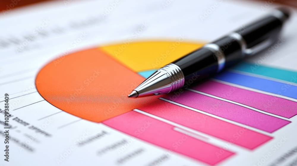 Poster a black pen placed on a vibrant pie chart and bar graph that displays important business metrics and