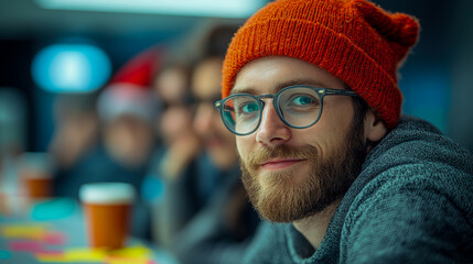 A young man in an orange beanie enjoys a relaxed moment with friends over coffee in a cozy cafe during the winter season