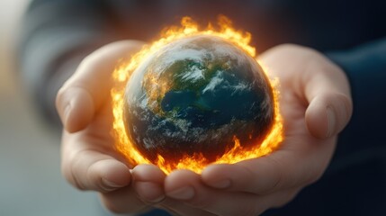 Fototapeta premium A Fiery Earth Held by Hands, The Consequences of Global Warming