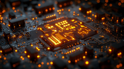 This close-up showcases a circuit board filled with vibrant orange lights and intricate electronic components, highlighting modern technology at work
