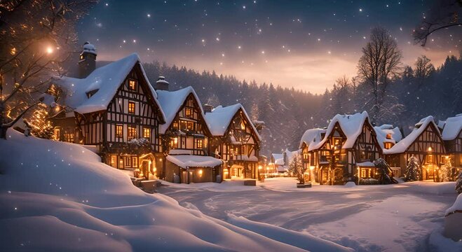 Snowy village under snow with Christmas lights 4K