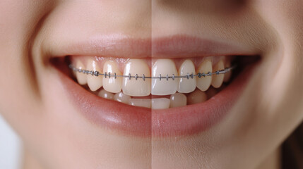 Obraz premium Side by side comparison of dental braces vs. teeth whitening for orthodontic and cosmetic solutions