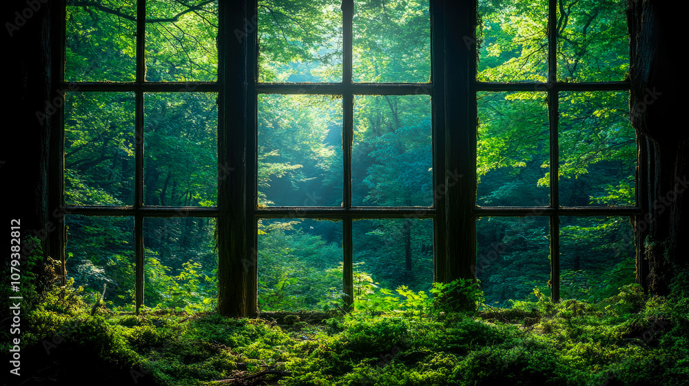 Poster sunlight filters through an abandoned window, illuminating the vibrant greenery of the forest outsid