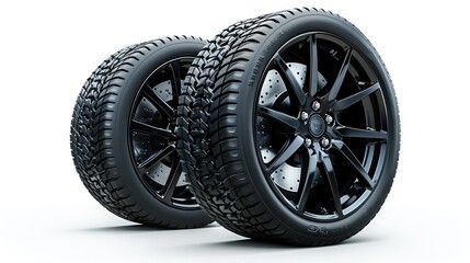 Obraz premium Two black car tires with black rims on white background.