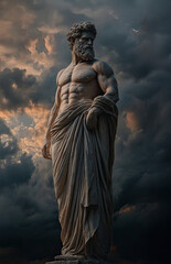 Majestic ancient Greek statue against a mountain landscape, symbolizing stoicism and timeless wisdom