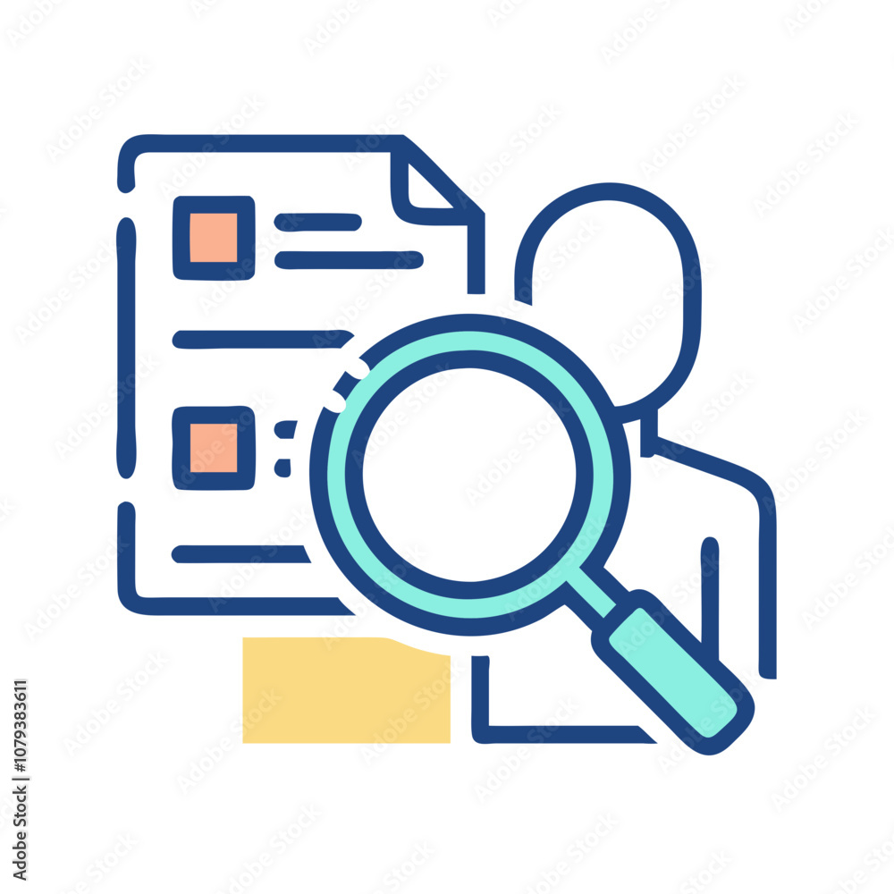Poster vector icon representing a person searching through documents with a magnifying glass, showcasing th