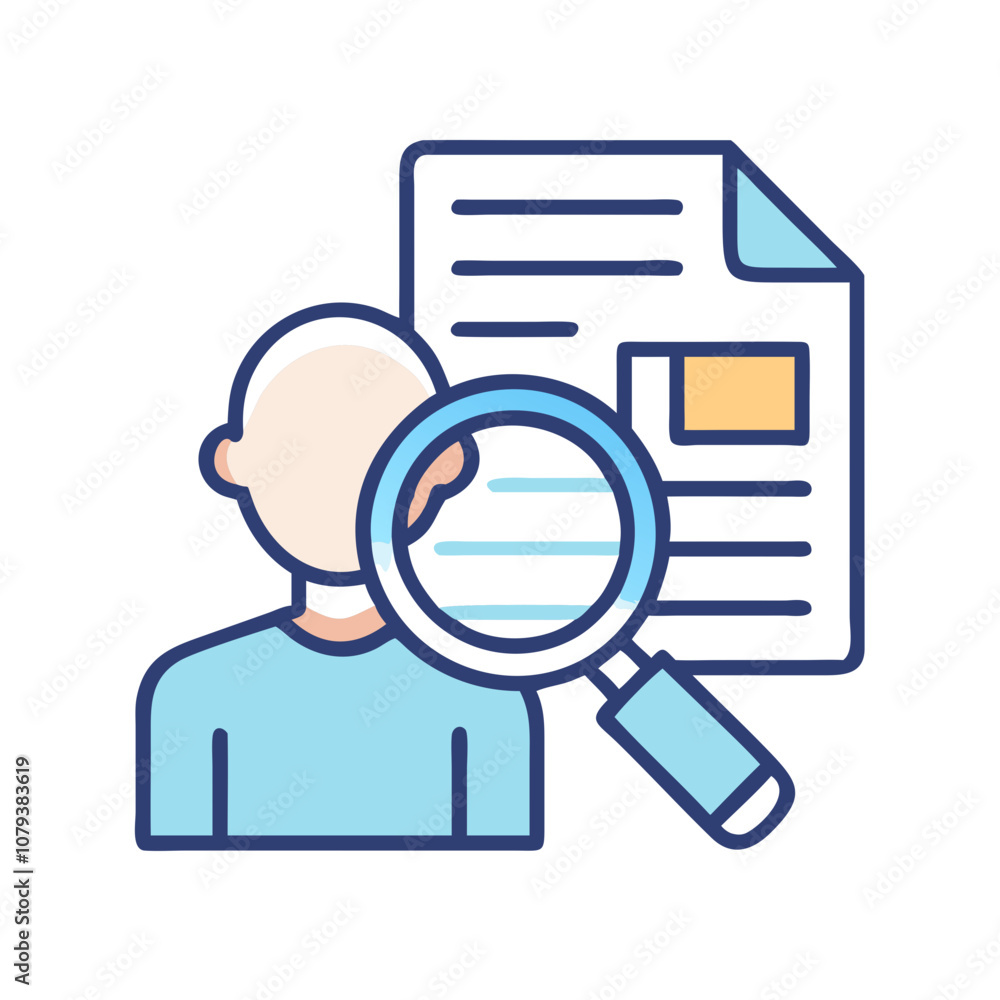Poster a person searching documents with a magnifying glass to find important information about a topic in 
