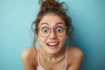 A young woman with glasses and a surprised look shows an emotive reaction inside a room.