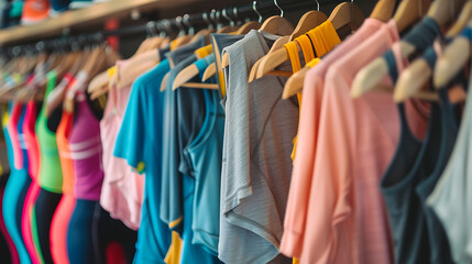 A close-up of colorful tops and shirts hanging on hangers in a clothing store, highlighting the vibrant colors and textures.



