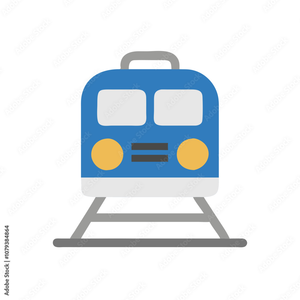 Poster a simple vector icon of a blue train with distinct circular lights, designed to symbolize public tra