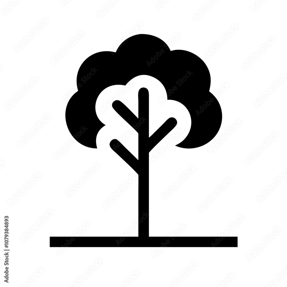 Poster stylized vector icon of a tree showcasing a rounded canopy with a trunk and branches, suitable for n
