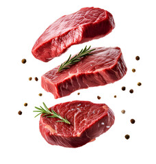 Raw beef steaks with spices flying on a air 