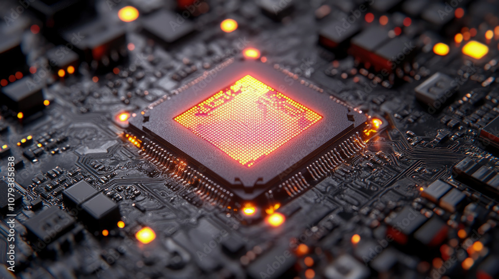 Poster a detailed view highlights a vibrant microprocessor at the center of a complex circuit board, illust